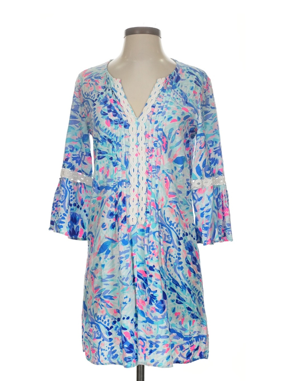 Lilly Pulitzer Aqua Blue Floral Lace-Trim Tunic with Pink Accents